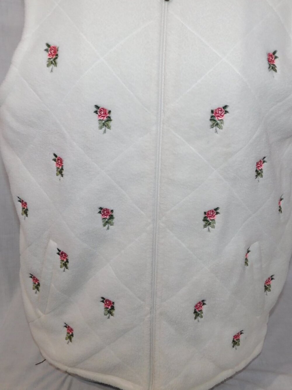 VTG Carroll Reed White Fleece Embroidered Pink Rose Full Zip Vest Womens L - Picture 4 of 9